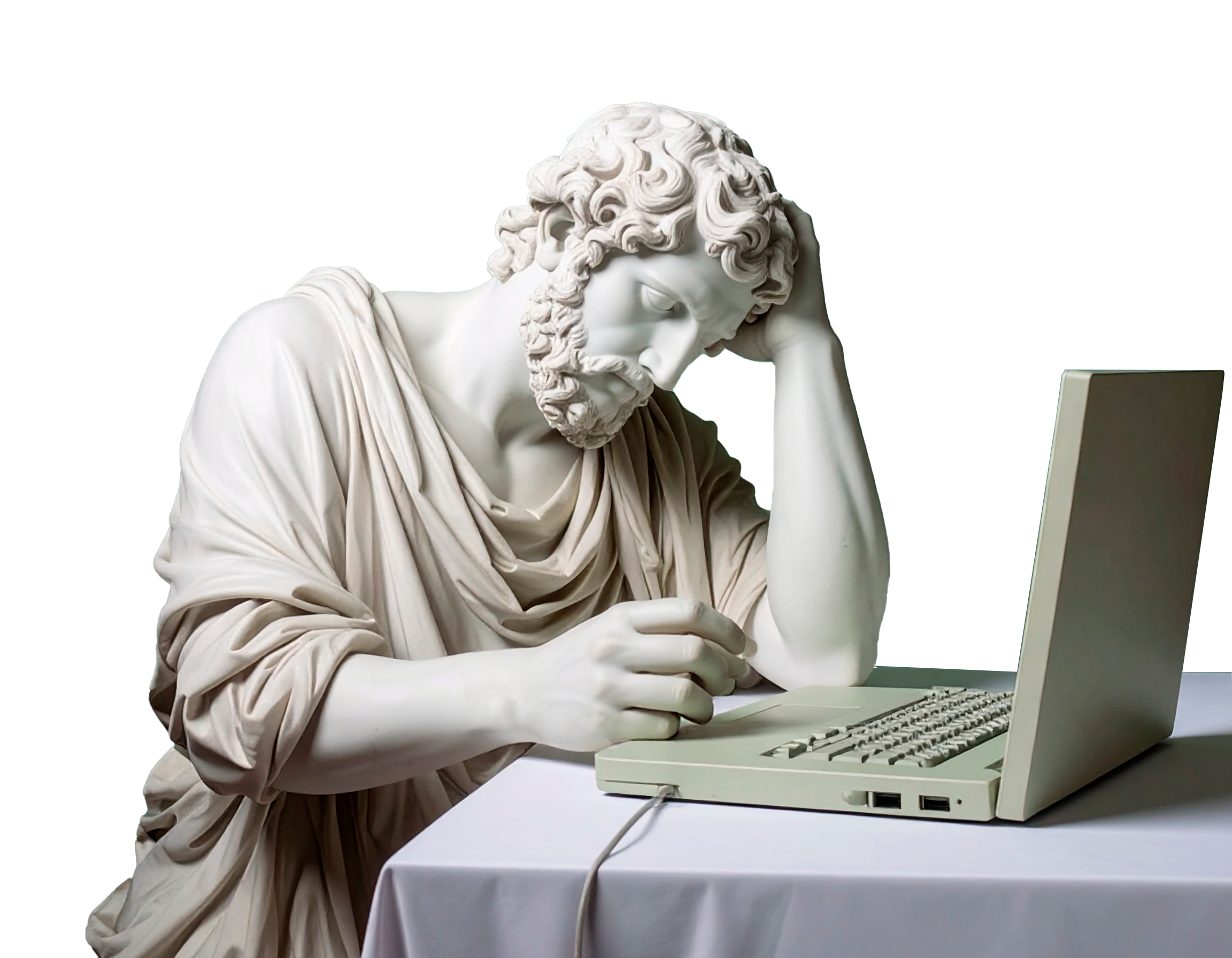 Classical statue working on laptop